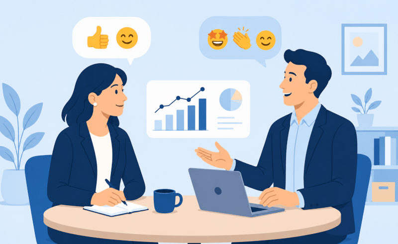 "Gestor e vendedor conversando de forma tranquila em uma mesa, representando um feedback construtivo"